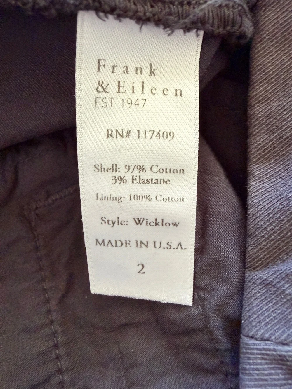 Frank & Eileen Wicklow Italian Chino Pants Size 2 Washed Black Raw Hem Stretch